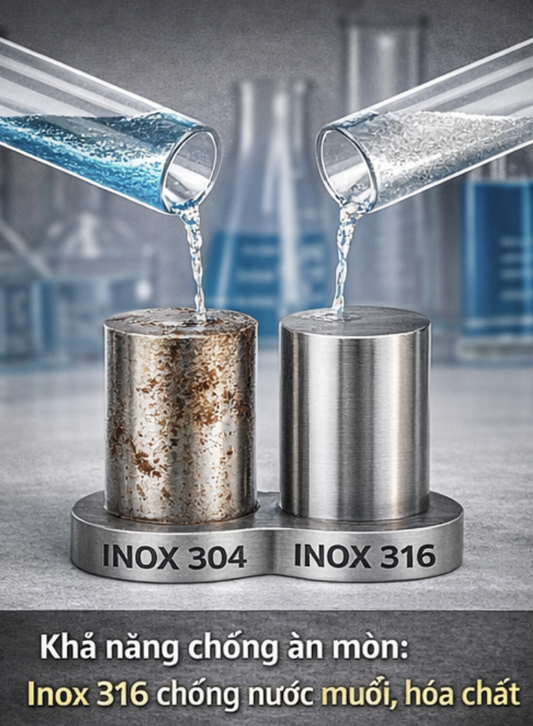 khả năng chống ăn mòn muối và hoá chất của inox 304 và inox 316